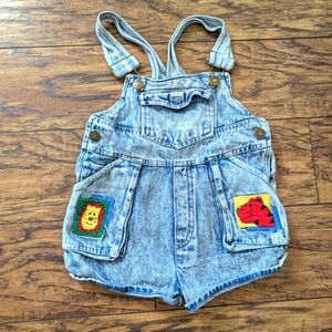 Vintage‎ McKids Light Wash Denim Shortalls With Colorful Animal Detail